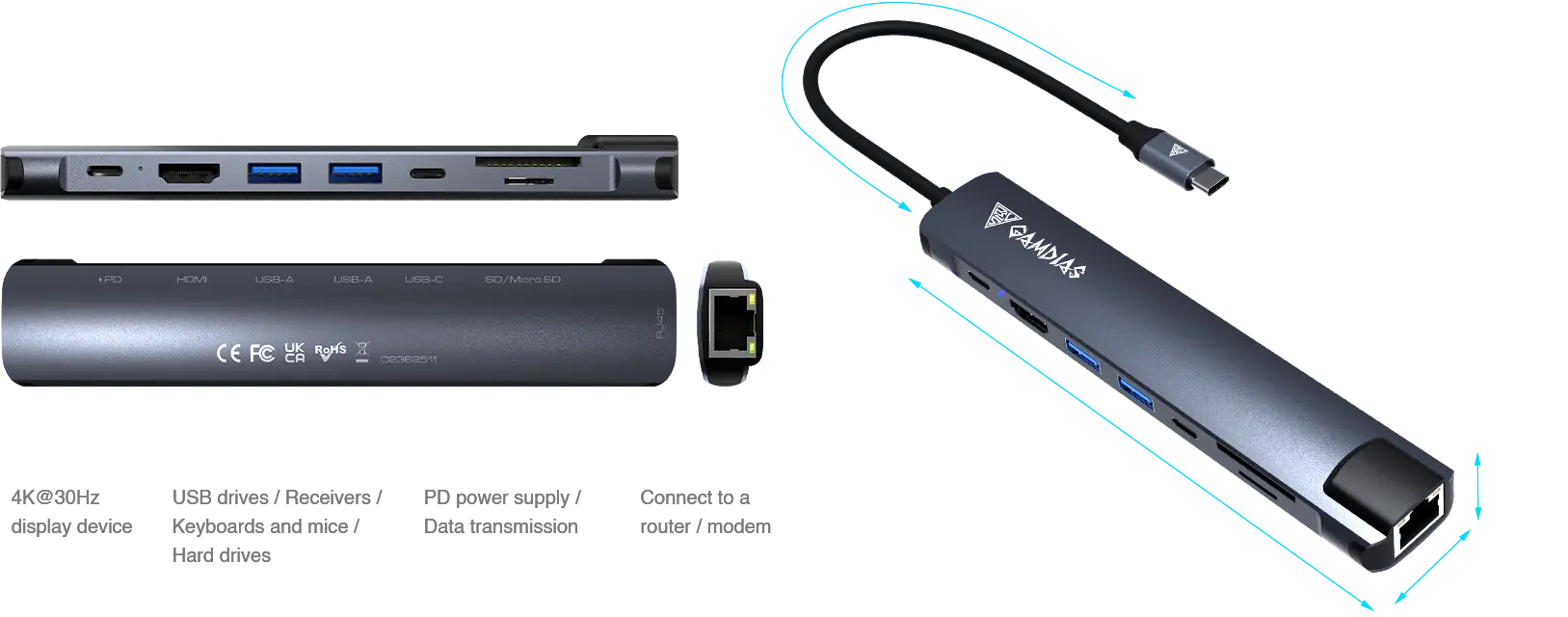 HUB EXTENSOR GAMDIAS MERCURY M1-800 / USB-C/ 2x USB-A/ PD 100W/ HDMI/ RJ45/ SD-MICRO SD - Image 3