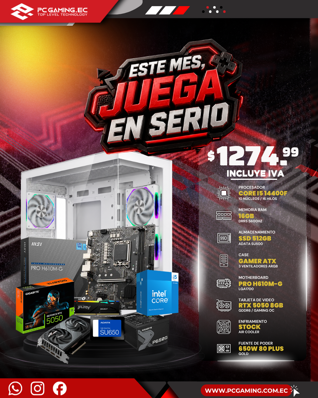 PC GAMER RAPTOR / CORE I5 14400F + RTX 5050 8GB